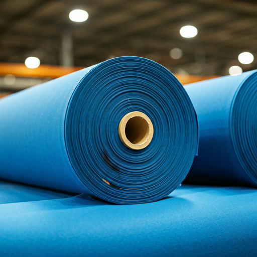 Close-up of organized blue textile rolls in a warehouse with soft industrial lighting
