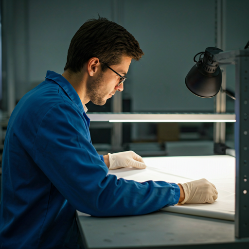 An industrial technician inspecting fabric under specialized white lighting in a high-tech laboratory environment