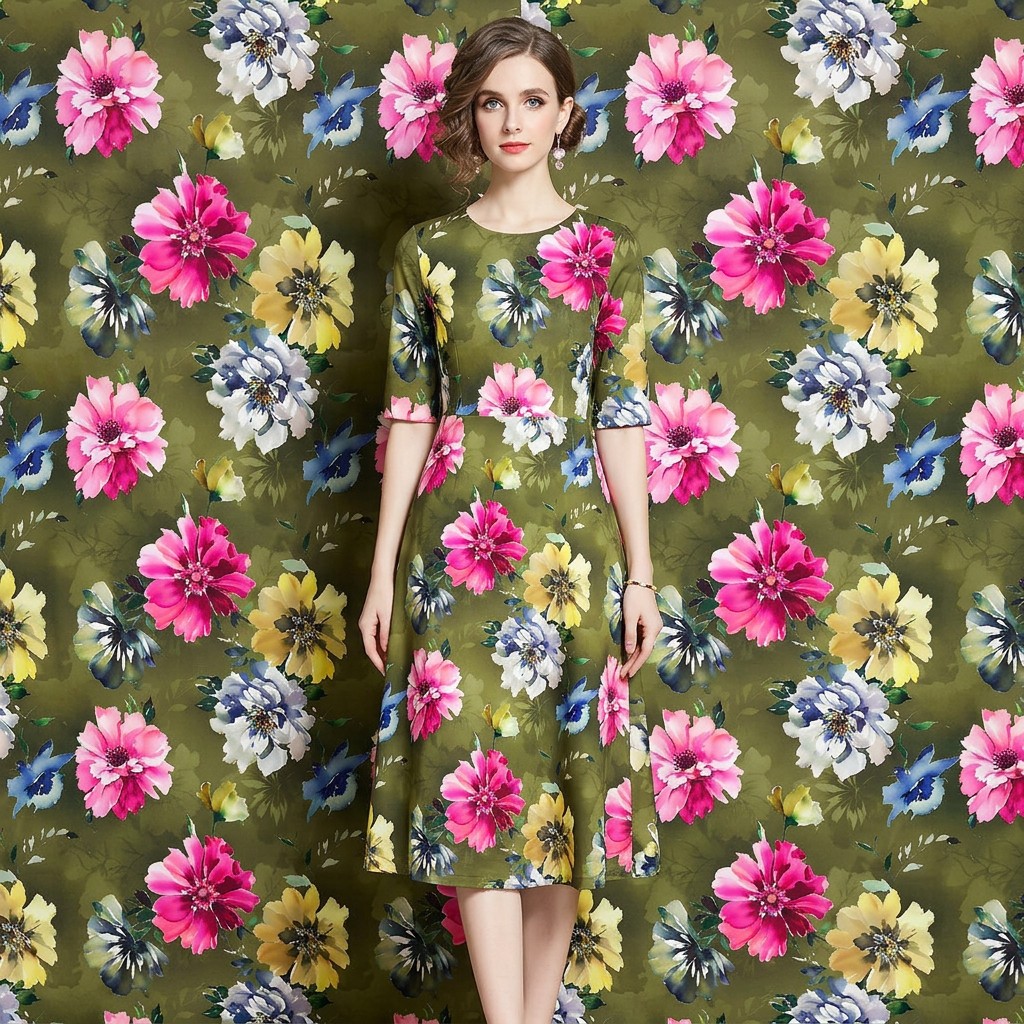 Watercolor Floral Digital Print 100D Four Way Stretch Fabric – 95% Polyester 5% Spandex Soft Elastic Dressmaking Fabric